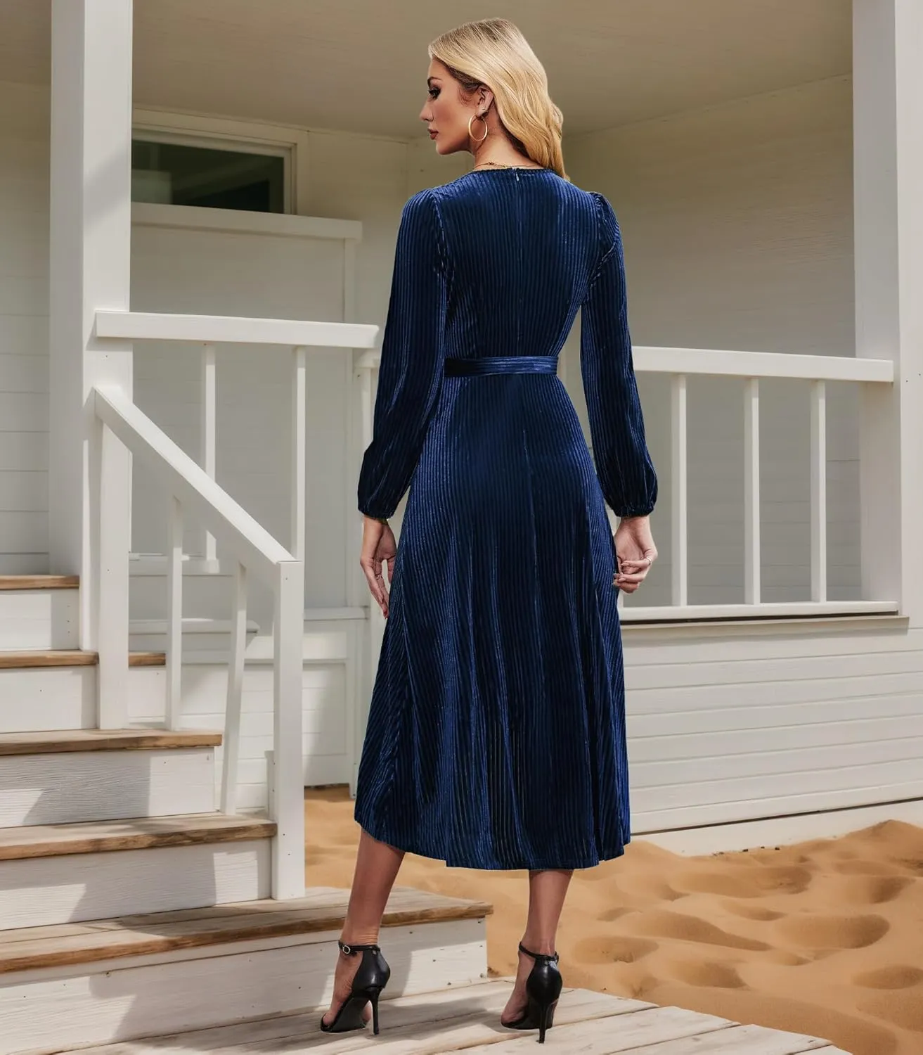 Women's Velvet V Neck Puff Sleeve Dress for Wedding Guest Cocktail Elegant Bodycon Party Midi Dress