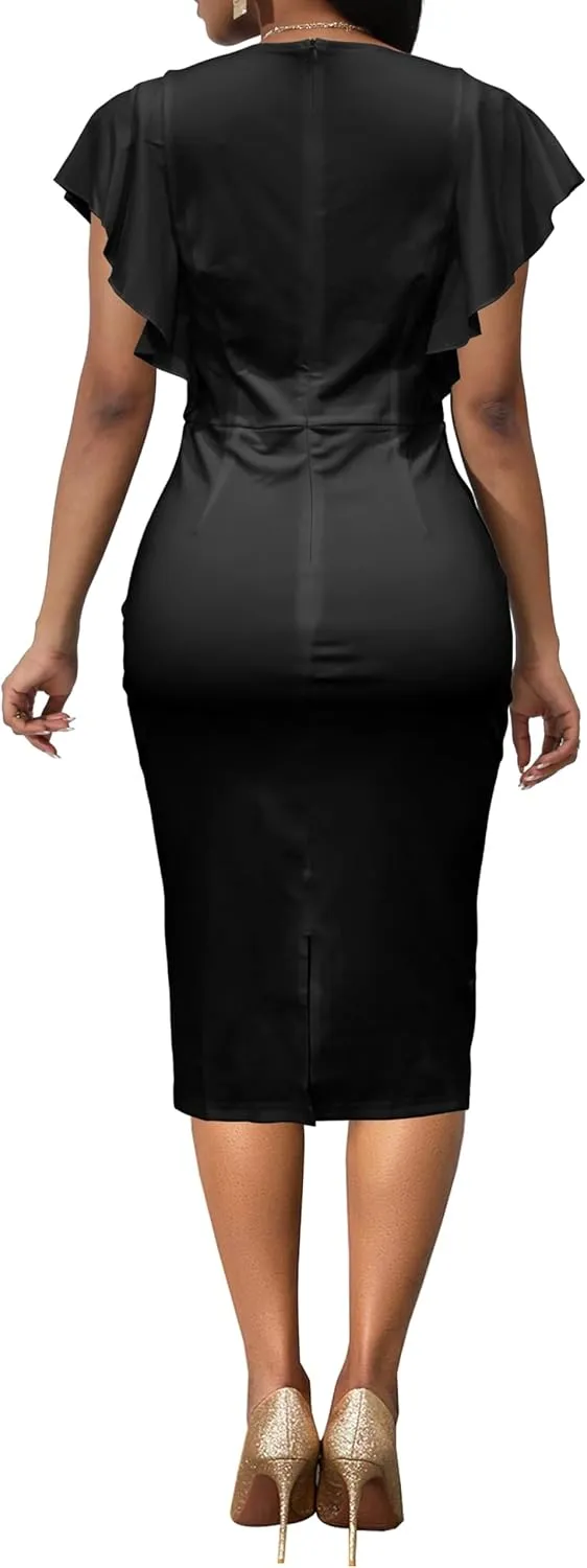 Women's Vintage Church Dress Ruffled Short Sleeve Bodycon Cocktail Dress