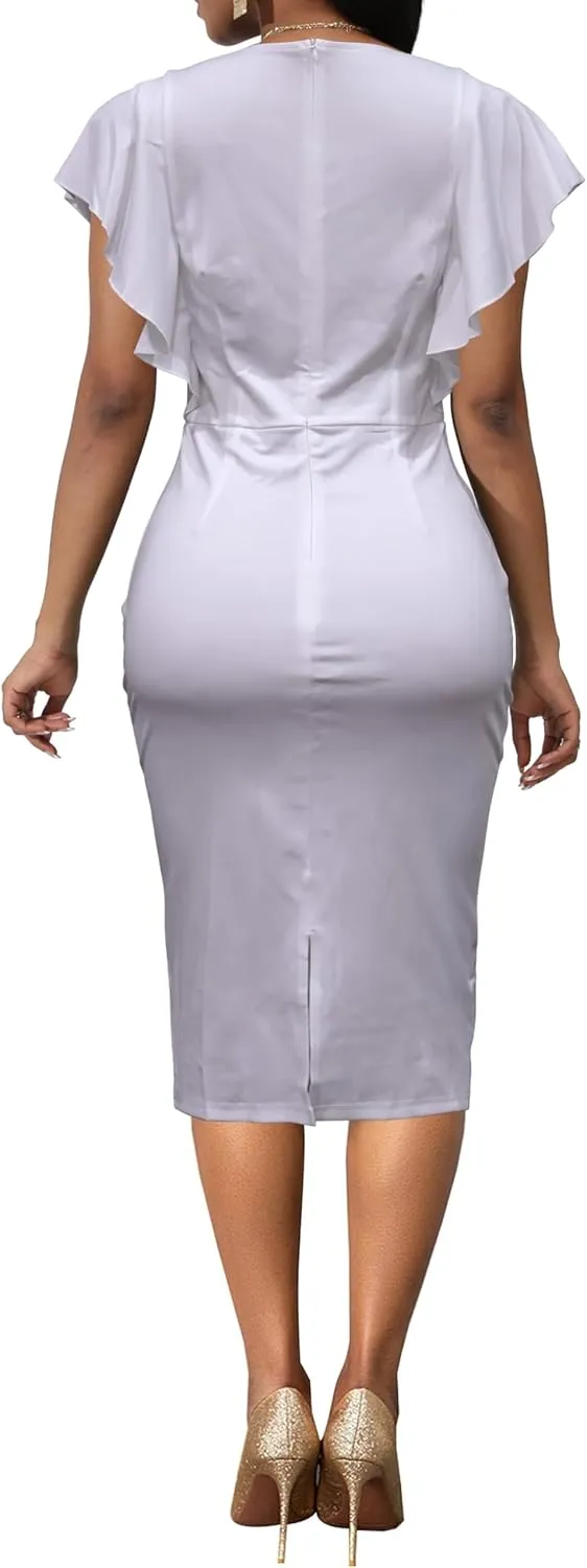 Women's Vintage Church Dress Ruffled Short Sleeve Bodycon Cocktail Dress