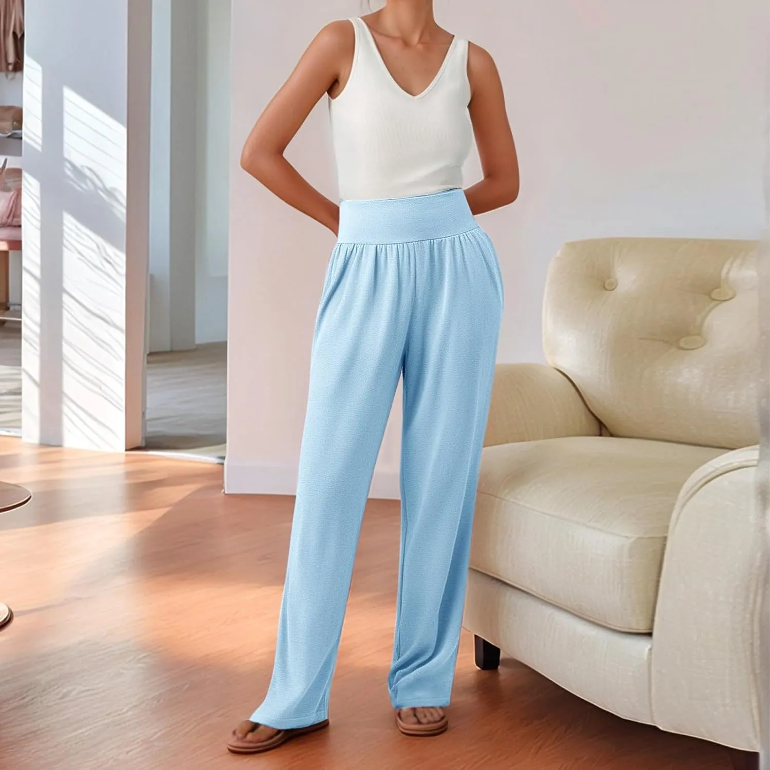 Women's Yoga Jogging Long Pants Casual Wide Straight Leg Loose Fit Bottoms High Waisted Elastic Athletic Workout Trousers