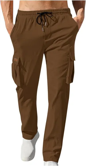 Workout Pants Men Solid Color Elastic Waist Sports Trousers Casual Straight Golf Outdoor Cargo Pants with Pockets