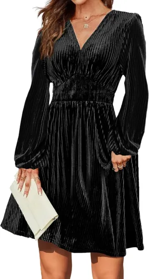 Zeagoo Womens Velvet Dress Sexy V-neck Long Sleeve Stretch Mini Party Cocktail Flared Dress