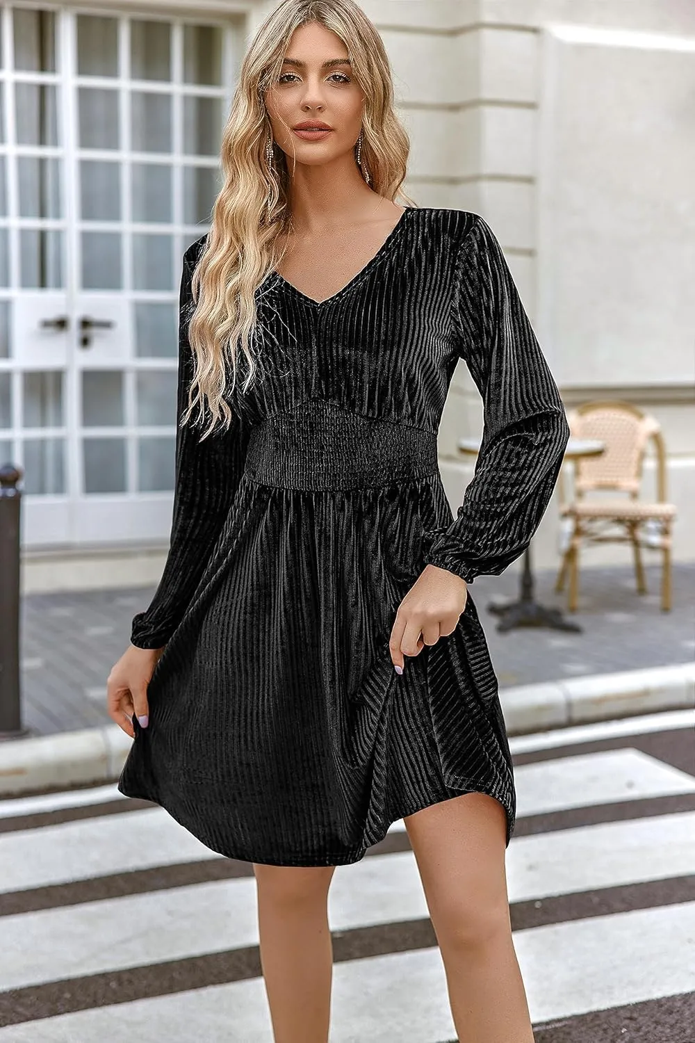 Zeagoo Womens Velvet Dress Sexy V-neck Long Sleeve Stretch Mini Party Cocktail Flared Dress