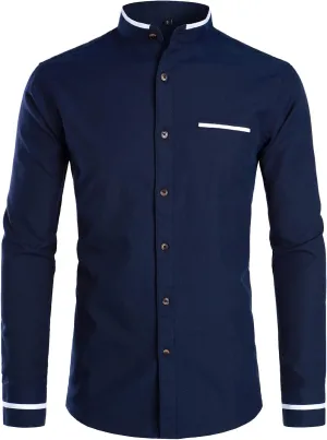 ZEROYAA Mens Hipster Mandarin Collar Slim Fit Long Sleeve Casual Button Down Oxford Dress Shirt with Pocket